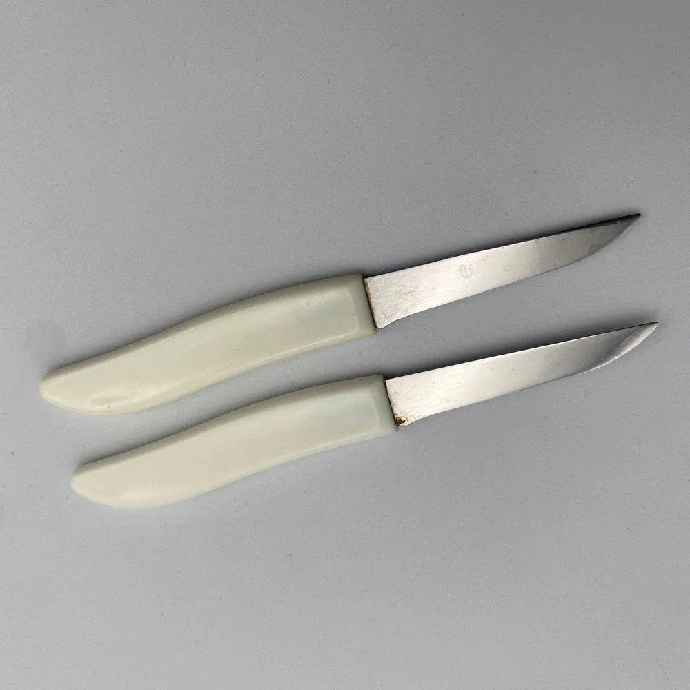 Vintage EKCO Paring Knives Set of 2 Stainless Steel Cream White Plastic Handles